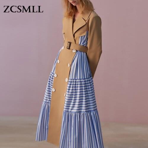 Office Lady Windbreaker Coat Casual Patchwork Striped Trench Coat Female Lapel Collar Long Sleeve High Waist Lace Up Women