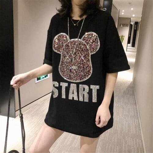 Disney Women T-shirts Mickey Mouse Hot Drilling Tops Female Clothes White Black Lady T-shirts Summer Casual Short Sleeve New Tee