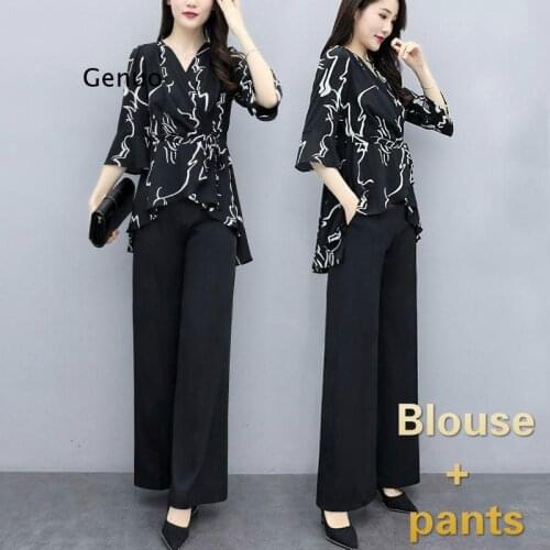 Women Sets Printed blous Solid Floor-length Wide Leg Pant Plus Size 4XL Elegant Office Ladies Causal Loose Fashion Summer Outfit