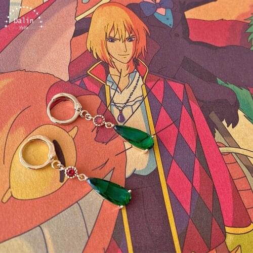 Anime Howls Moving Castle Temperament Water Drop Shaped Womens Green Gemstone Earrings Ear Party Fashion Accessories Gift