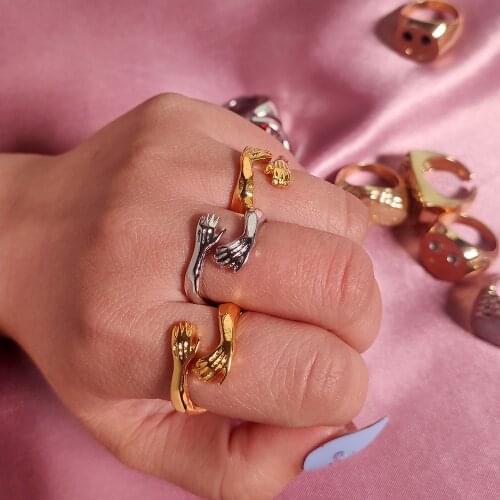 Flatfoosie New Romantic Love Hug Carved Hand Rings For Women Men Gold Sliver Color Adjustable Open Finger Rings Couple Jewelry
