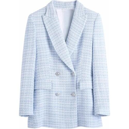 2021 Spring women Blazer Plaid tweed coat Double Breasted small fragrant wind Suits Notched Collar jacket Long Sleeve Outerwear