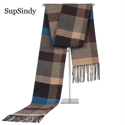 SupSindy Winter scarf men Vintage Soft plaid scarves luxury shawl Warm cashmere Striped Acrylic Casual mens scarf with tassels