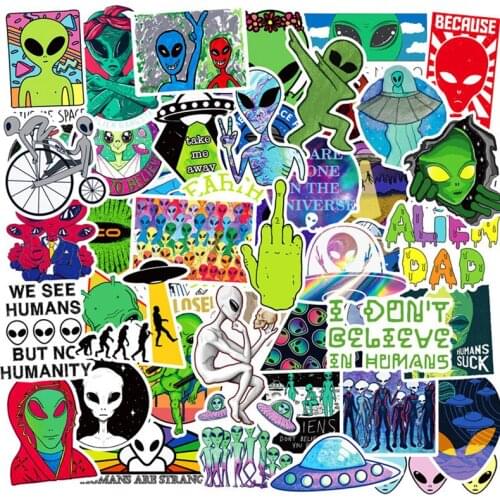 50pcs UFO Aliens PVC Waterproof Stationery Sticker Skateboard Suitcase Luggage Laptop Sticker For Girl Kid Classic Toy Stickers