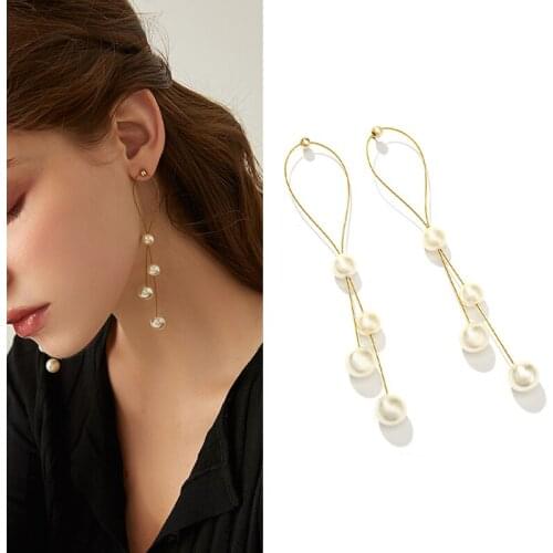 White Long Tassel Pearl Earrings Rhinestone Fairy Statement Earrings for Women Wedding Jewelry Bijoux Wholesale