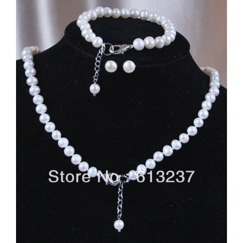 Free Shipping new Fashion DIY 7-7.5mm White Akoya Cultured Pearl Jewelry Bracelet Necklace Earrings Set YE00005