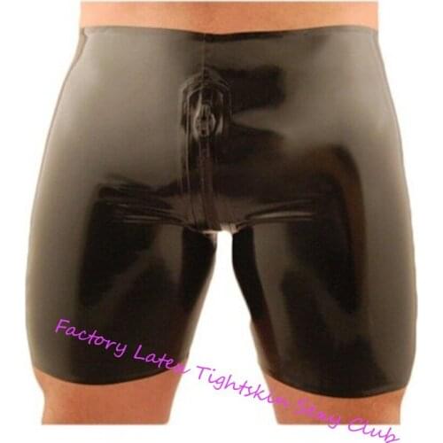 Black Rubber trousers latex Boxer shorts for men with 2 way crotch zippers latex pants mens zipper latex shorts