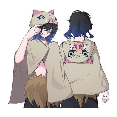 New Demon Slayer Kimetsu no Yaiba Cosplay Cotumes Hashibira Inosuke Cloak Pig Hooded Buttons Cape Flannel Bathrobe Pajamas Shawl