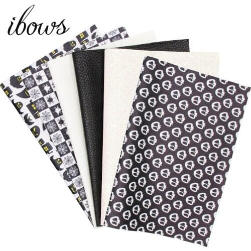 IBOWS New 22*30cm 6Pieces/set Halloween Black Printe Skull Synthetic Leather Patchwork Bags Shoes Phone Case DIY Leather craft