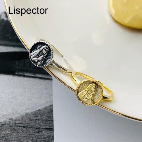 Lispector 925 Sterling Silver Retro Blessed Virgin Mary Rings for Women Vintage Round Shield Ring Female Religious Jewelry Gifts
