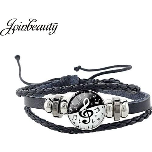 JOINBEAUTY Music Notes Handmade Glass Cabochon Multilayer Leather Bracelet Treble Clef Notes Bangle For Girls Gift Jewelry T610