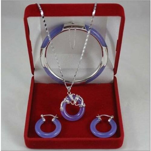 Fashion jewelry Set Purple Jadeite Pendant Necklace+Bracelet+Earring Set Free shipping