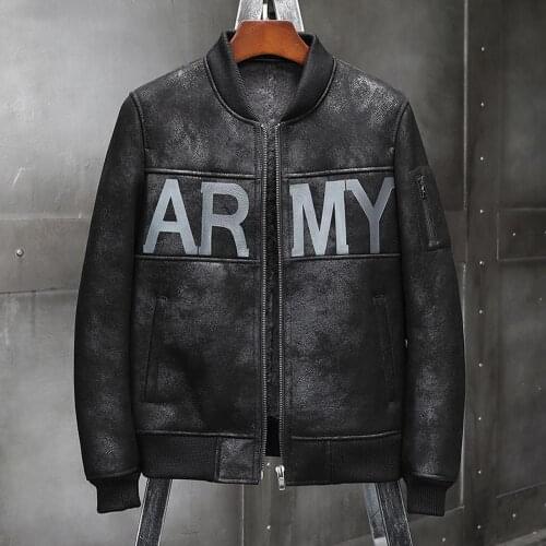 Mens Shearling Jacket Sheepskin Coat Mens Leather Jacket Motorcycle Jacket B3 Flight Jacket Baseball Collar Coat