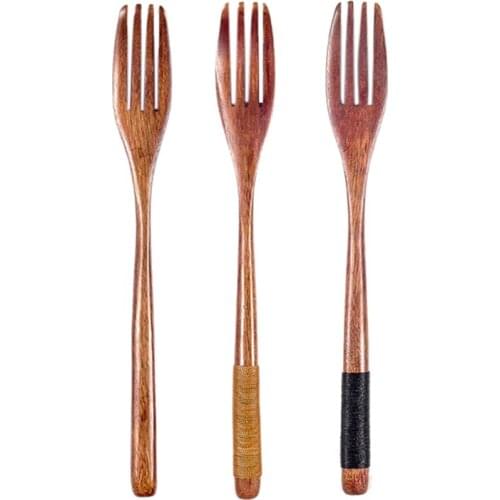 6PC Wooden Forks Set Kitchen Cutlery Food Salad Fruit Spaghetti Natural Vintage Handmade Fork For Cooking-ABUX