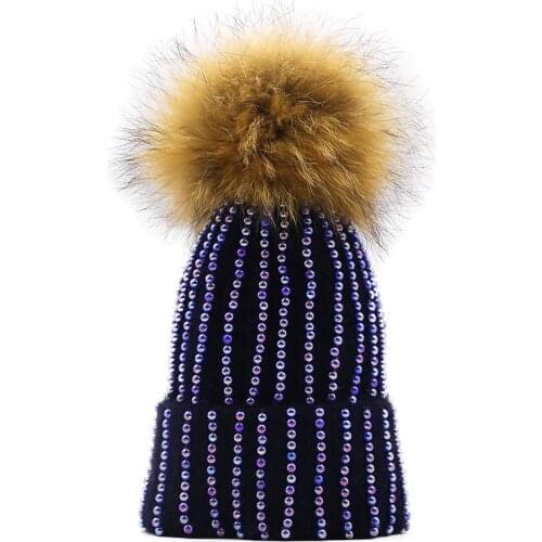 NEW luxury Womens Pom Pom Pearl Beanie Hat Spring Casual Polyester Shine Rhinestones Beanies For Women Skull Hats Bonnet Cap