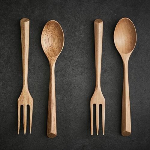 New Japanese Style Natural Solid Color Creative Triangular Handle Wood Spoon and Fork Set Tableware Dessert Spoons wooden spoon