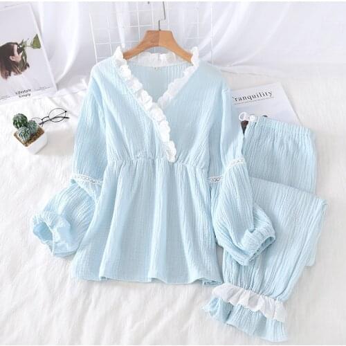 Summer Womens Woven Cotton Home Wear Lace Stitching Sleepwear Long Sleeve Trousers Pajamas Suit Nightwear Set Pijama Feminino
