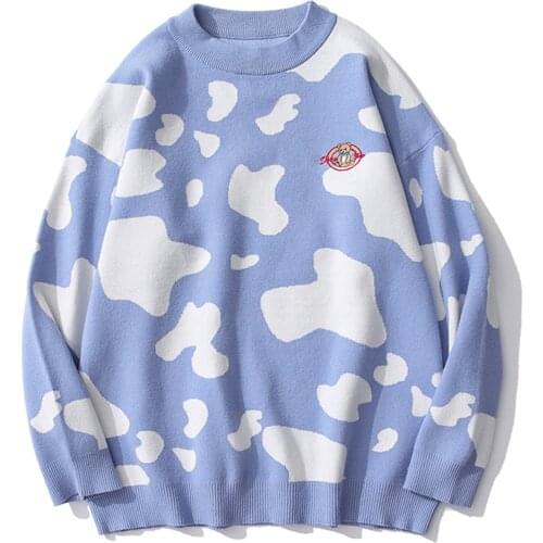 LACIBLE Harajuku Casual Knitted Sweater Men 2021 Cow Print Sweater Streetwear Hip Hop Loose Cardigan Pullover Men Blue White