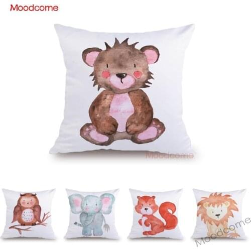 Cute Baby Woodland Animals Water Color Painting Penguin Owl Elephant Bear Children Room Sofa Velvet Pillow Cover Cushion Covers