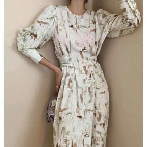 ZCSMLL Korean Summer Autumn Vintage Fashion Round Neck Chic Print Lace-up Waist Knee-length Long Puff Sleeve Dress Women