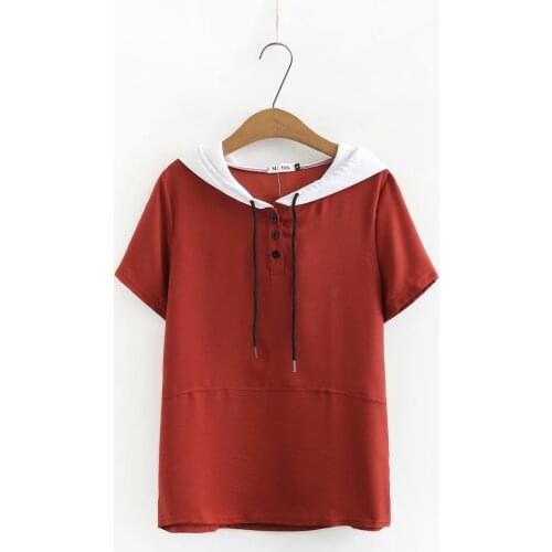 Plus size button patchwork hooded women tshirts 2021 summer casual cotton ladies t shirts female tops t-shirts black dark red