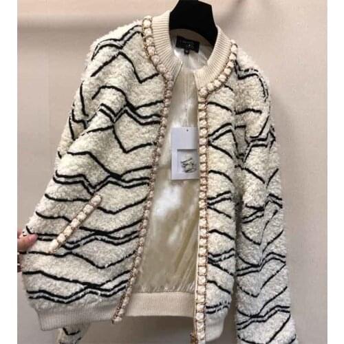 Jacket 2021 Women Autumn Winter Designer Wool Zipper Jacket Hand-woven Black And White Color Matching Jacket Fashion
