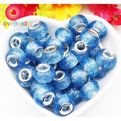 10pcs Blue Color Glitter Big Hole Round Loose Resin Murano Spacer Beads Fit Women DIY Pandora Charms Bracelet Bangle Necklaces