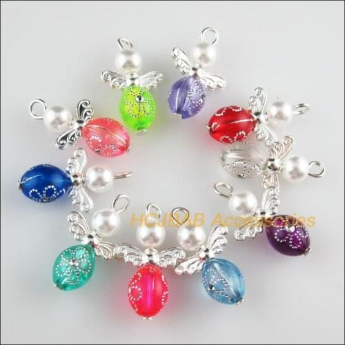 20 New Angel Charms Silver Plated Mixed Acrylic Oval Pendants 14x24mm
