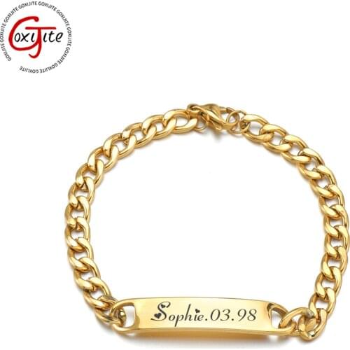 Goxijite Custom Name Bracelet For Women Men Stainless Steel Engrave Letter Date Bar Bracelet Cuban Chain Jewelry Gift