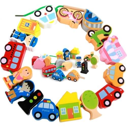Baby Toys Wooden Montessori Toys DIY City Threading Beads String Lacing Puzzle Educational Crafts Toys for Children Kids Toddler