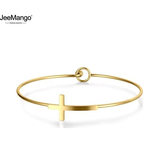 JeeMango Romantic Titanium Steel Cross Cuff Bracelets & Bangles Luxury Engagement Wedding Bangle Jewelry For Women Girls JB18043