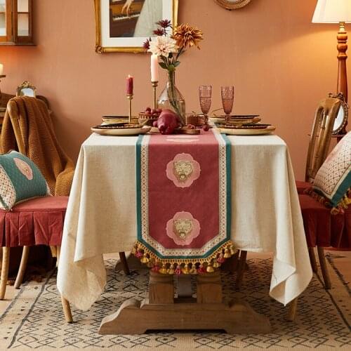 Brick Red Table Runners Tassel Linen Cotton Tea Table Shose Cabinet Cover Table Flag Table Runner Decoration Home Decor