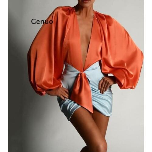 Sexy Deep V-Neck Satin Two Piece Set Women Long Sleeve Top Short Skirt Sets Matching Casual Partywear Winter Women Set