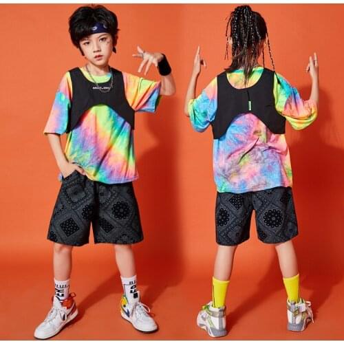 Fashion Hip Hop Dance Clothes For Kids Tie Dye Tops Loose Hiphop Outfits Jazz Dance Costumes Street Dance Rave Clothes DQS7478