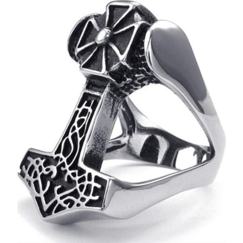 Nodic Myth Mens Vintage Knot Cross Thors Hammer Amulet Ring