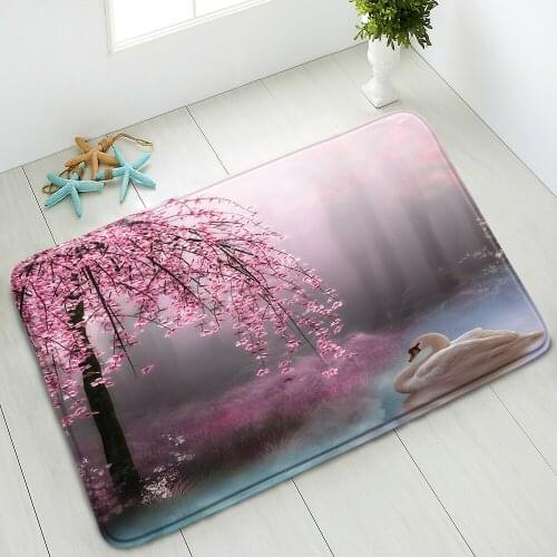 Fantasy Scenery Non-Slip Bathroom Mat Pink Cherry Blossoms Swan Bedroom Kitchen Interior Entrance Doormat Rug Absorbent Carpet