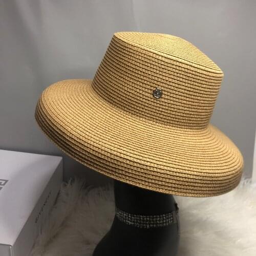 Summer New M Letter Retro Ribbon Braided Flat Head Straw Hat Lady Hepburn Wide-brim Sun Hat British Style Sunscreen Beach Hat