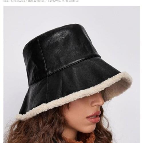 Men and Women Fashion Japanese Lamb Wool Warm Hat Basin Tide Bucket Hat Winter Glabrous Hat Black Pu Leather Fisherman Hat