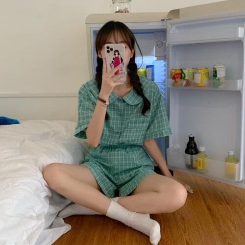 Pajamas for Teen Girls Summer Silk Short Sleeve Sleepwear Ladies Sweet Plaid Lapel Pyjamas Korean Plus Size Home Suit Pjamas Set
