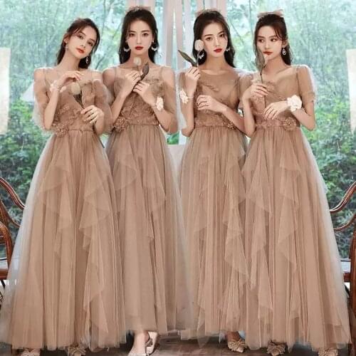 Bridesmaids Dresses Illusion A-Line O-Neck Pearls Pleat Off The Shoulder Floor-Length Lace Tulle Women Wedding Party Gown E581