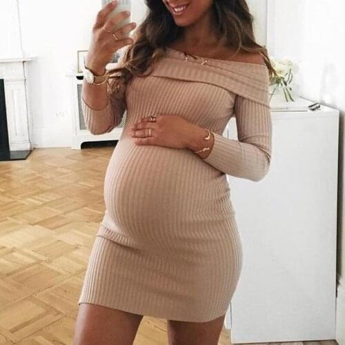 Maternity Dresses For Photo Shoot Fashion Dress Pregnant Women Off Shoulder Sweater Ruffles Casual Solid Nursing Maternity Dress