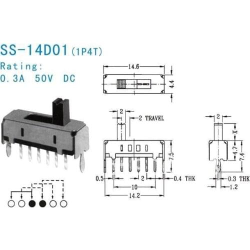30pcs per lot Slide Switch 1P4T Rohs 6pin toggle switch slide switch ROHS