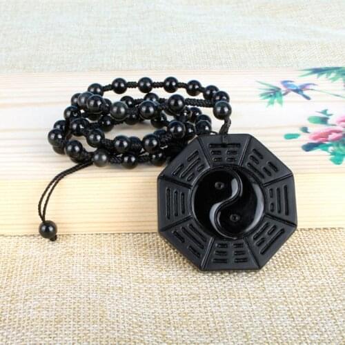 Drop Shipping Black Natural Obsidian Lucky Necklace YIN YANG Pendant Chinese BAGUA Mens Womens Jewelry