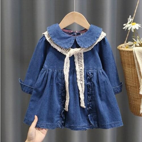 Long Sleeve Girls Denim Dresses New Spring Birthday Party Girl Princess Dress 12M-8Y Toddler Vestidos Cute Lace Children Clothes