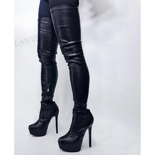 DOBANER Women Over Knee Platform Boots High Heeled Boots Unisex Faux Leather Shoes Woman Donne Stivali Large Size 42 44 50 52