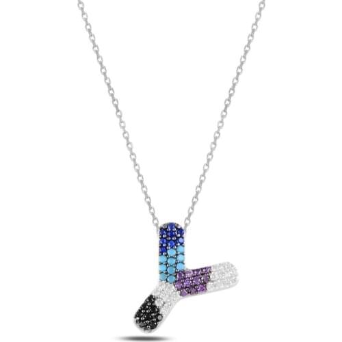 Silver 925 Set-Y-Letter Colorful Zircon Stone Ghost Pendant