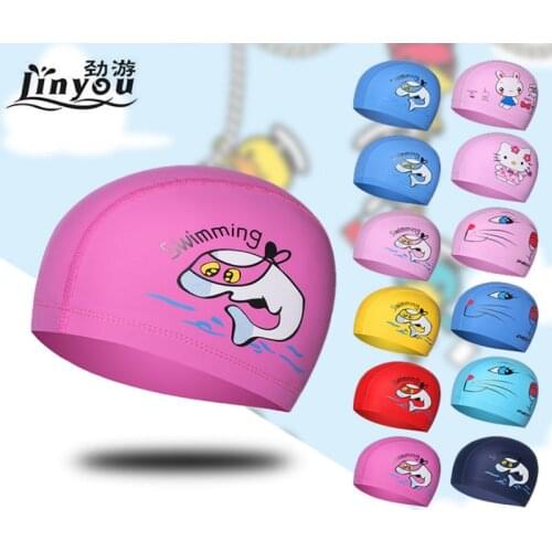 Swimming Pool Cap PU Cartoon Dolphin Waterproof Hat for Boys and Girls Baby Ear Plug Protect Diving Equipment Kids Swim Caps