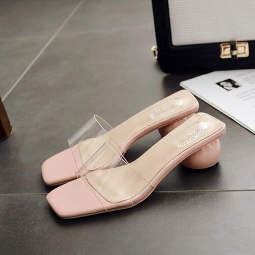 Round heels transparent summer slippers solid square toe woman shoes fashion female slides casual all match european flip flops