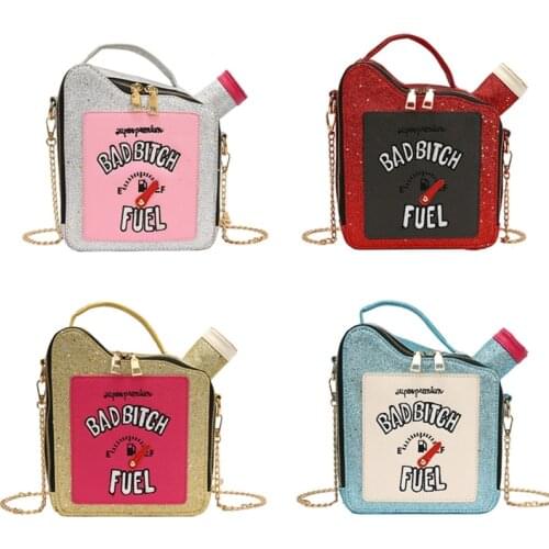 Pu Laser Sequin Embroidery Crossbody Bag Creative and Funny Personality Handbag Fashion Letter Oil Can Bag for Woman 2020 New