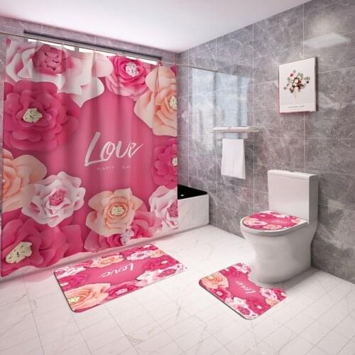 High Quality Flower Love Pattern Shower Curtain Bathroom Curtains Set Rose Toilet Cover Non-slip Rugs Bath Mat Sets Home Decor